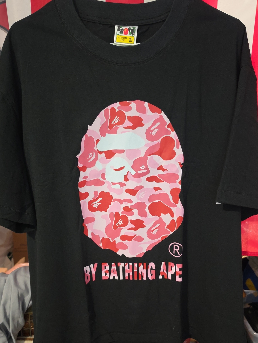 BY BATHING APE Black Short-Sleeve Tee with Pink Camo Ape Head